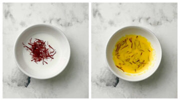 step to add saffron strands in warm milk collage