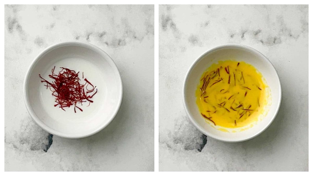 step to add saffron strands in warm milk collage