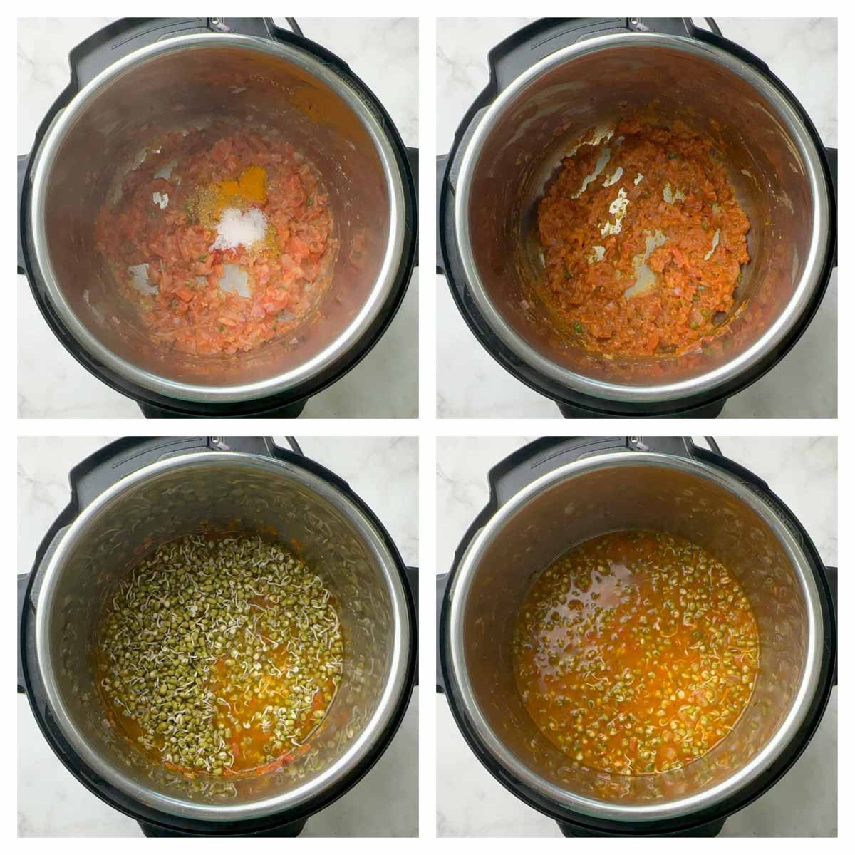 step to add sprouts and cook with onion tomato masala collage