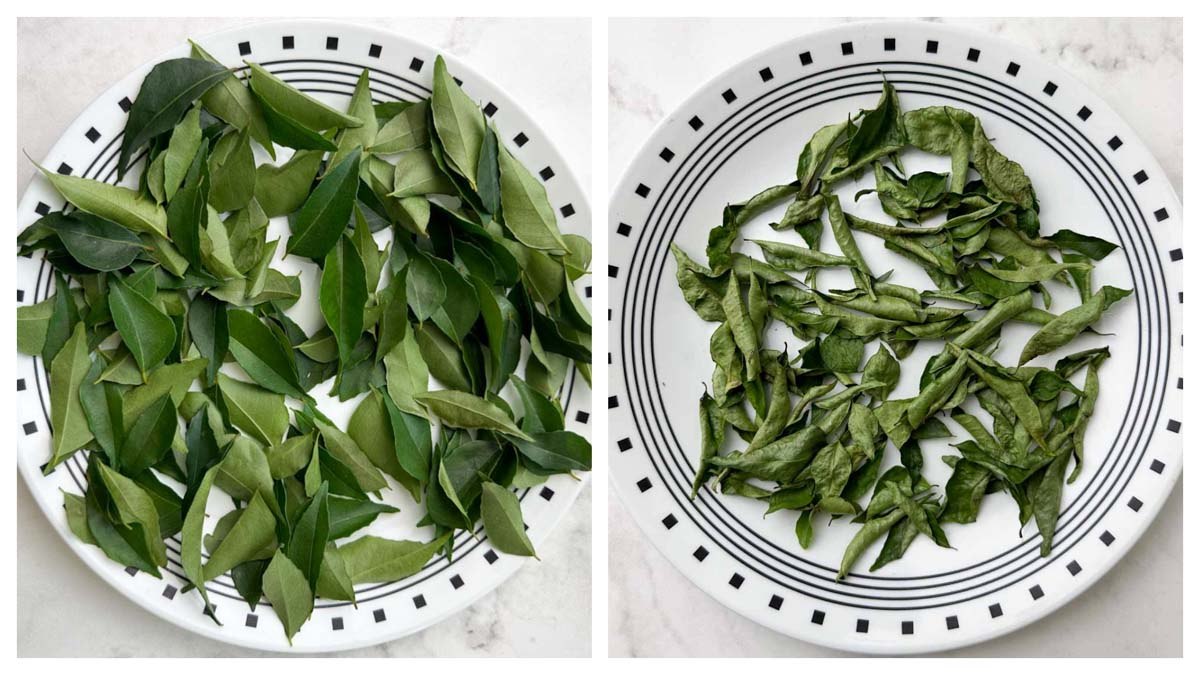 step to air dry curry leaves on a plate collage