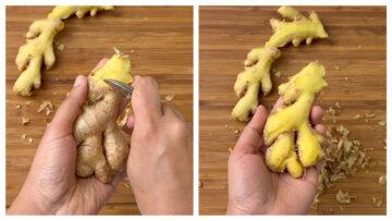 step to remove the ginger skin using a spoon collage