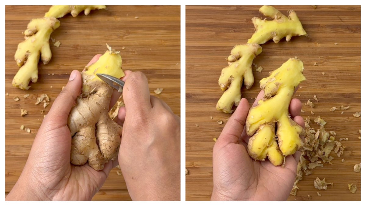 step to remove the ginger skin using a spoon collage