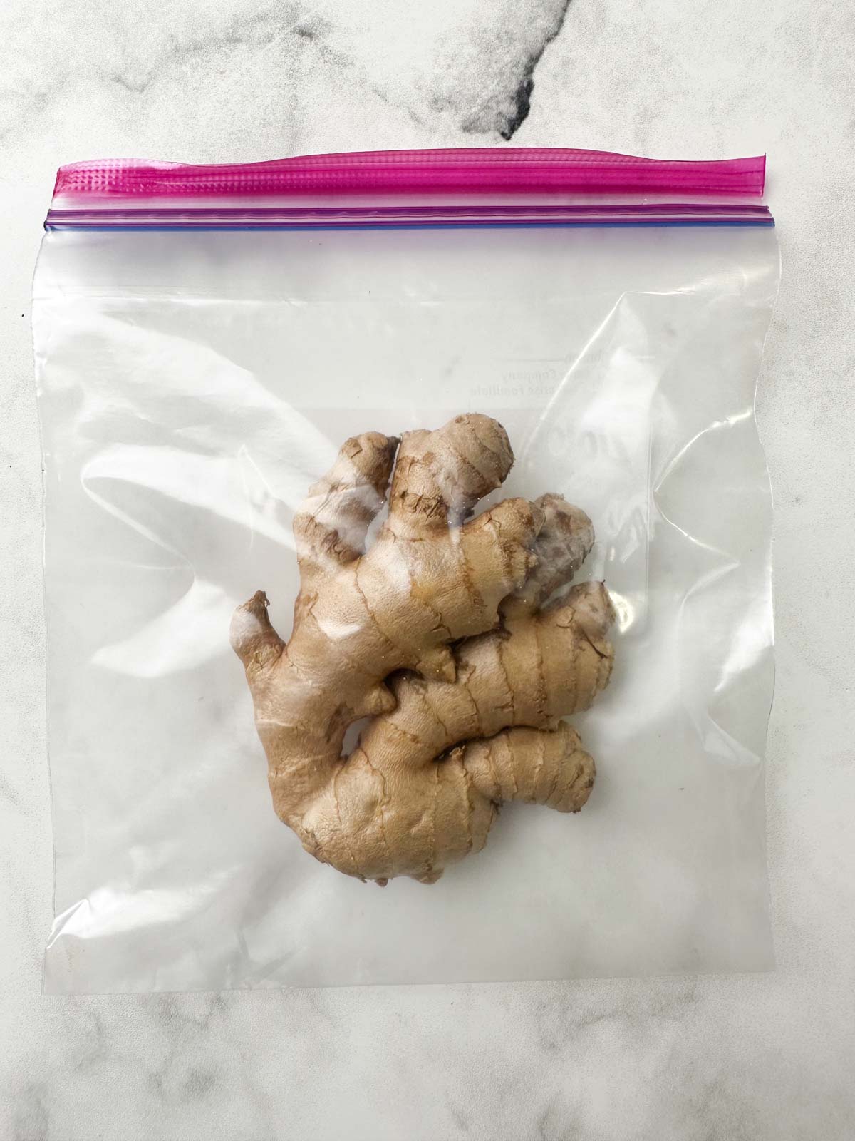 ginger root in a ziplock bag for freezing