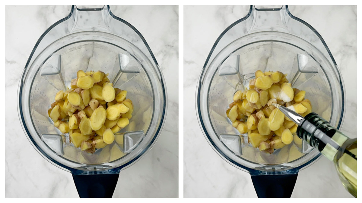 step to add ginger pieces, salt and oil to a blender collage