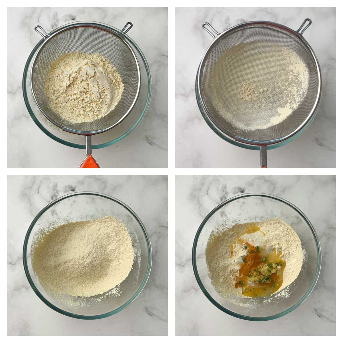 step to sieve the besan and add other ingredients collage