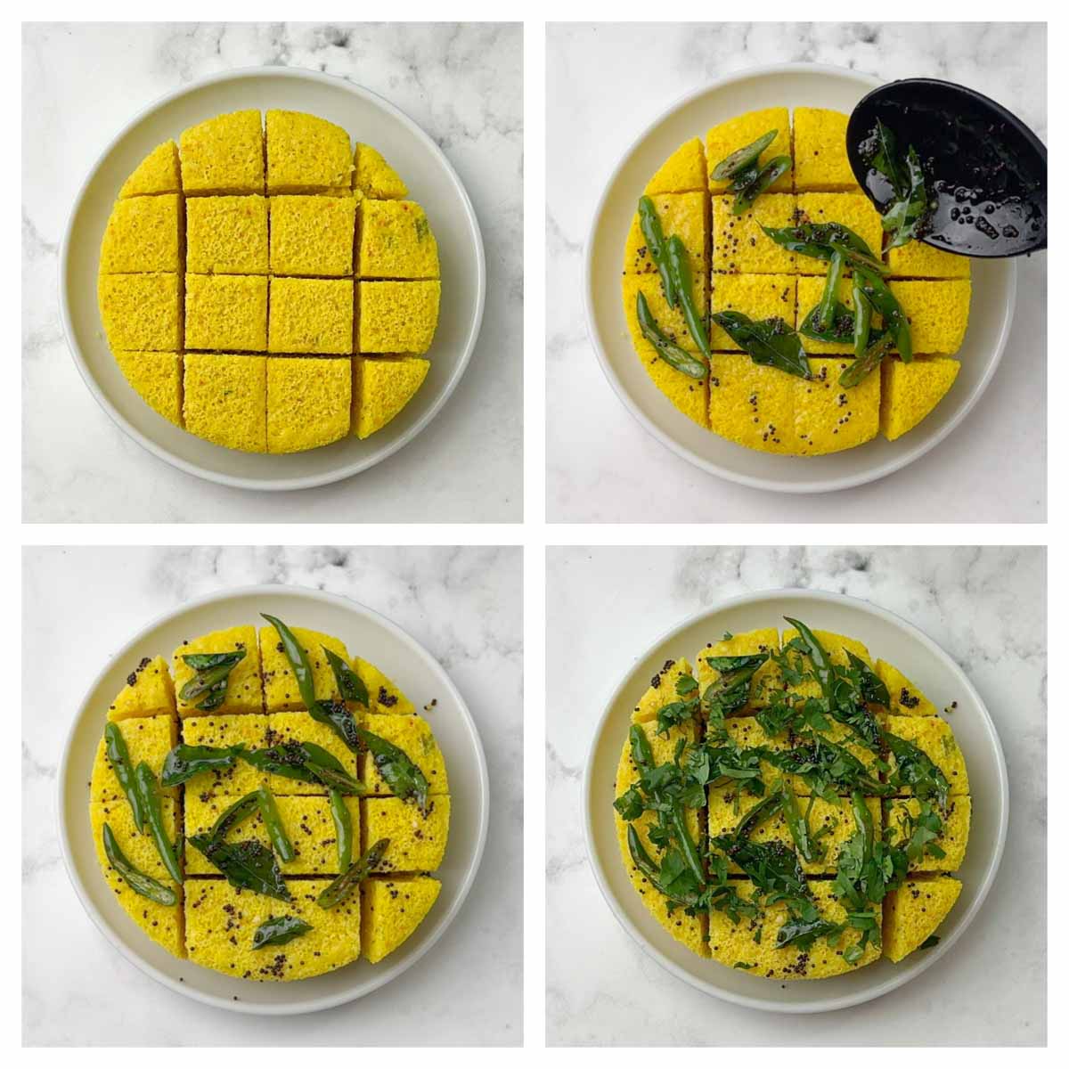 step to add the tempering and coriander leaves to the khaman dhokla collage