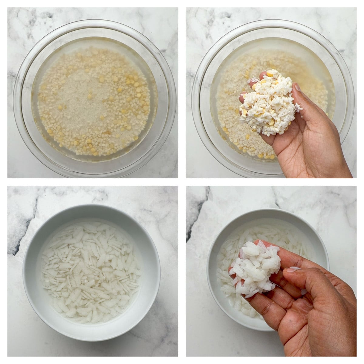 Step to soak the rice, urad dal, methi in a glass bowl and also soak poha in other bowl collage