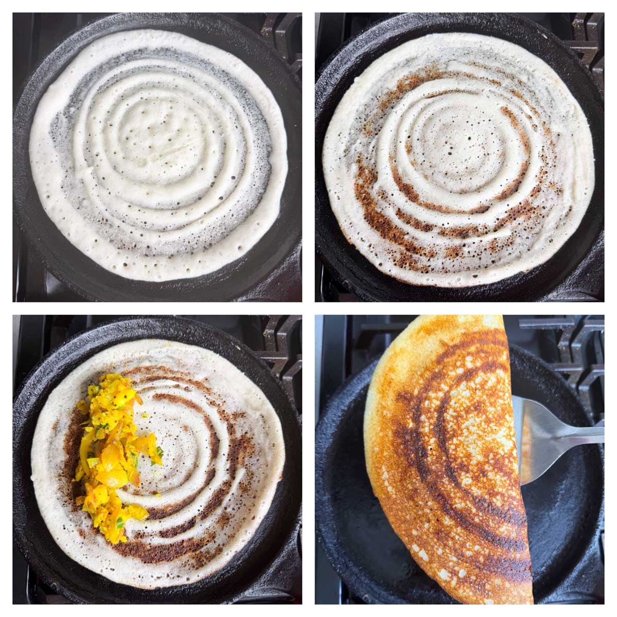 Step to pour the dosa batter on a iron griddle, add potato masala collage