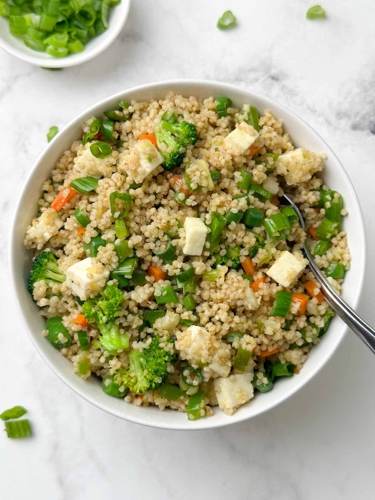 foxtail millet fried rice served in a bowl with a spoon and green onions on the side