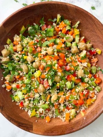 millet chickpea salad served in a bowl