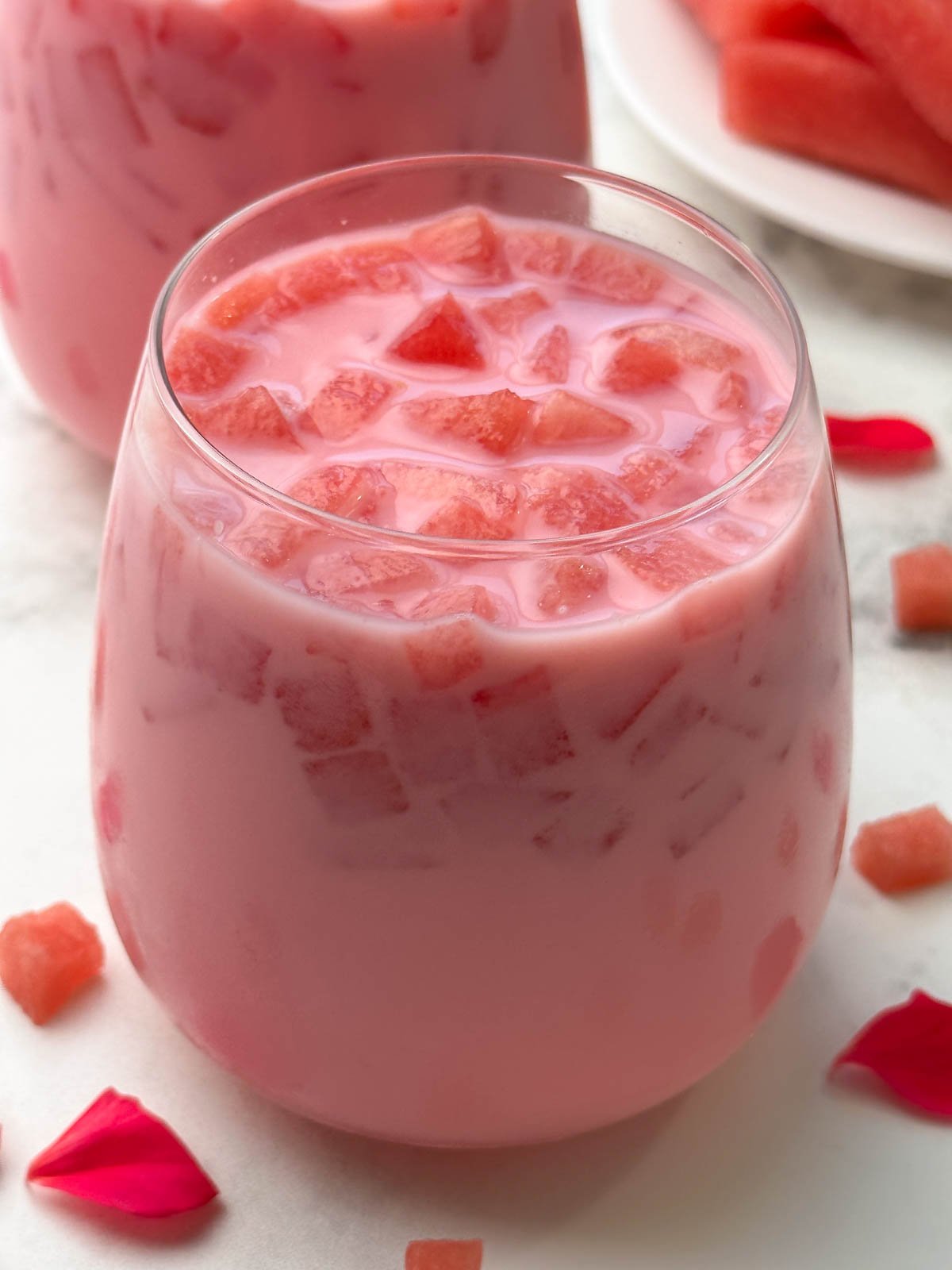 mohabbat ka sharbat served in glass with watermelon on the side