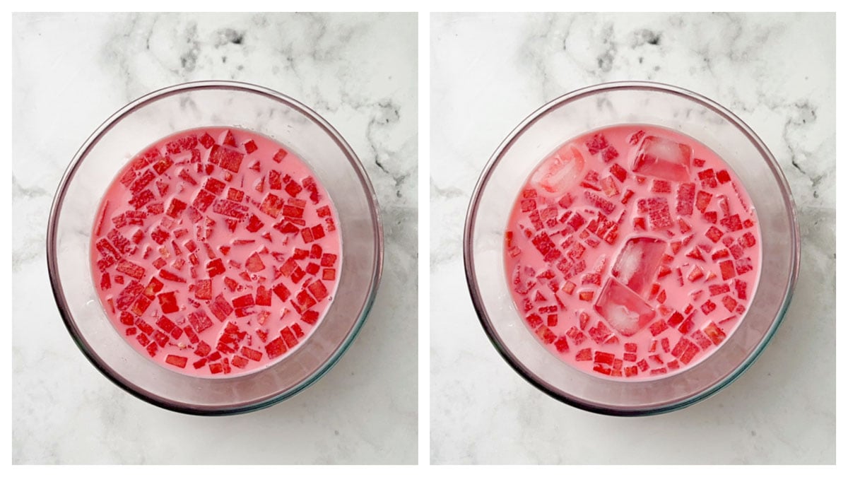 step to add watermelon cubes and ice cubes collage