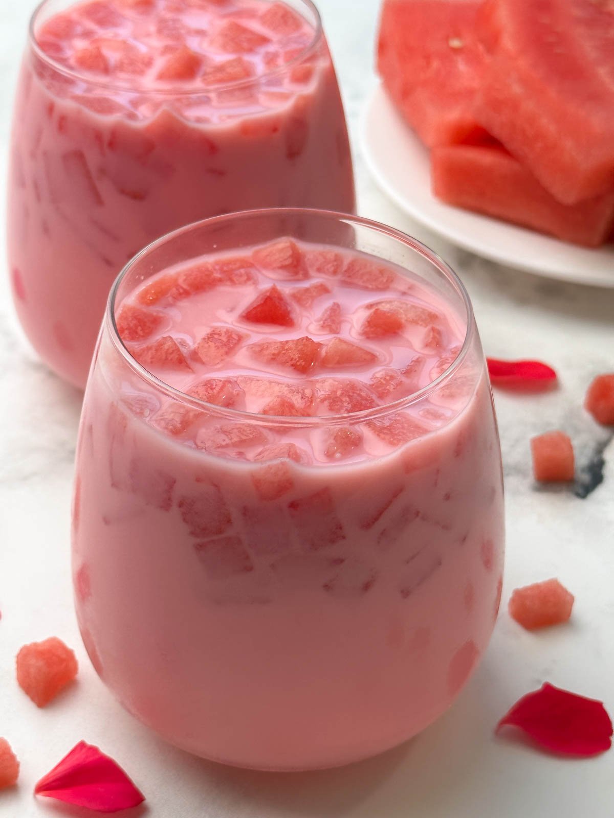 mohabbat ka sharbat served in glass with watermelon on the side