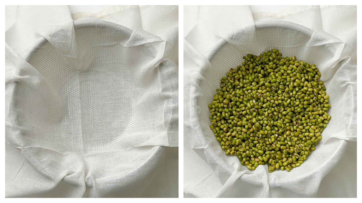 step to put soaked beans in a cheesecloth collage