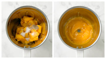 step to add mango pieces with sugar, saffron and cardamom powder and blend collage