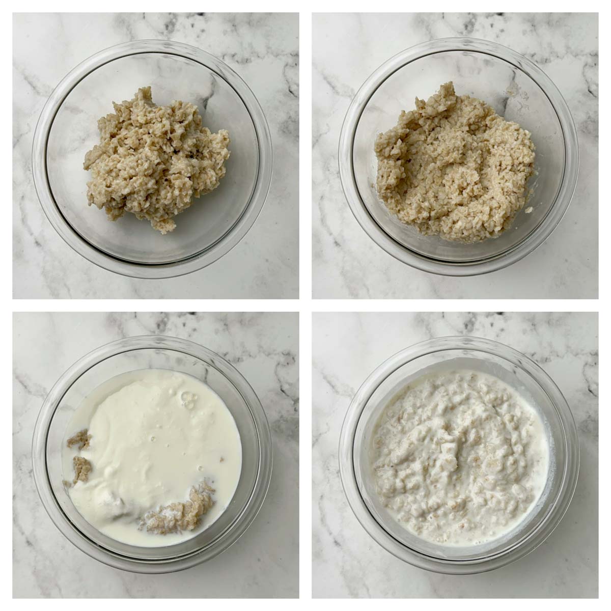 step to add milk and yogurt to cooked oats collage