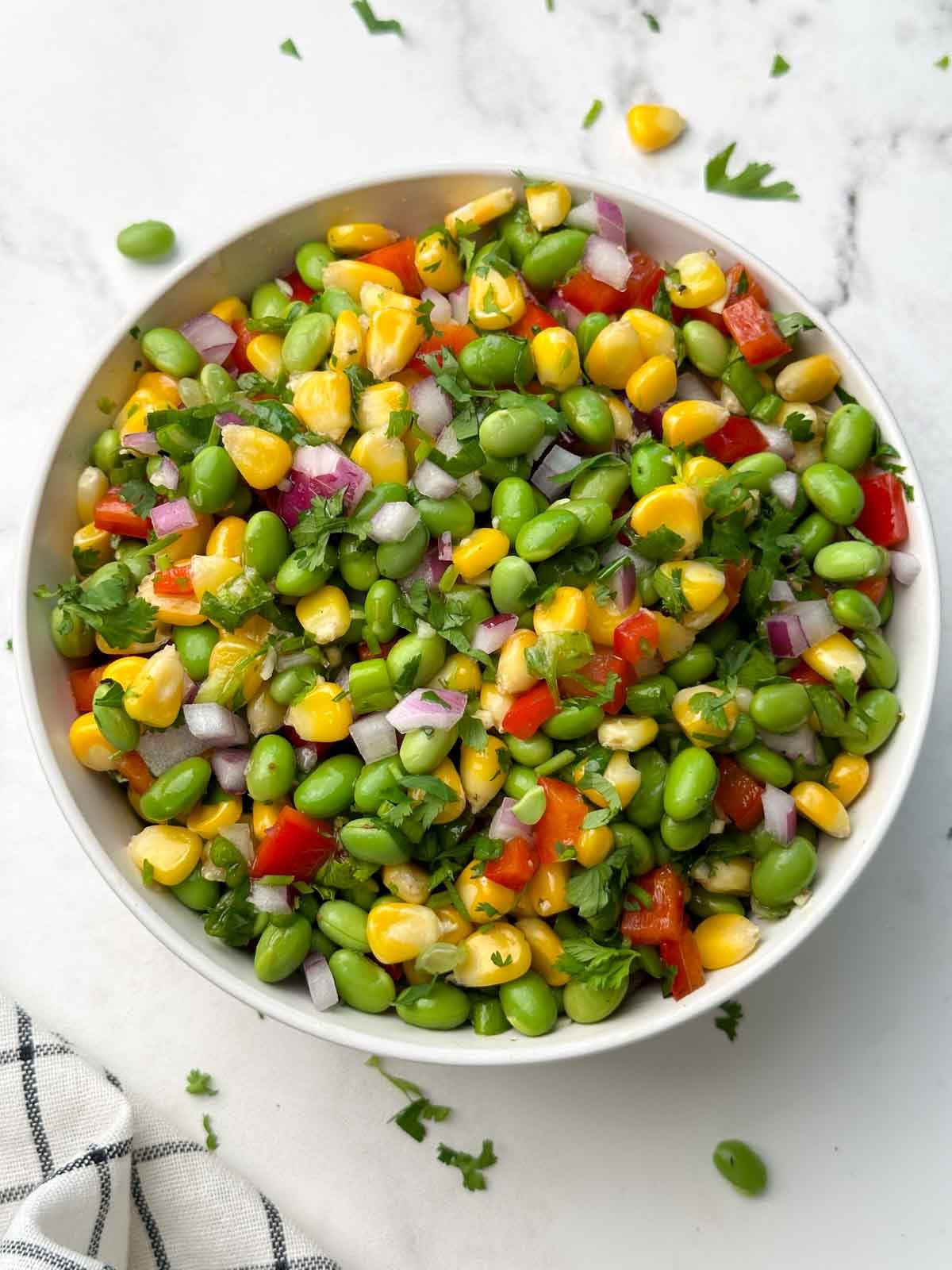 edamame corn salad served in a bowl