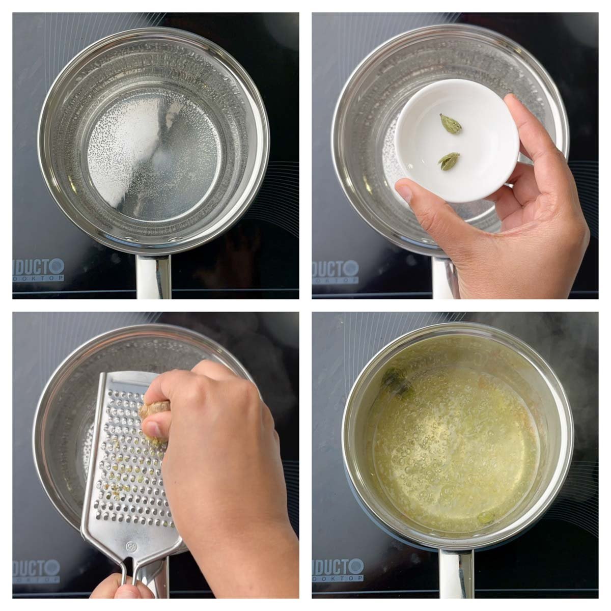 step to add cardamom and ginger to the boiling water collage