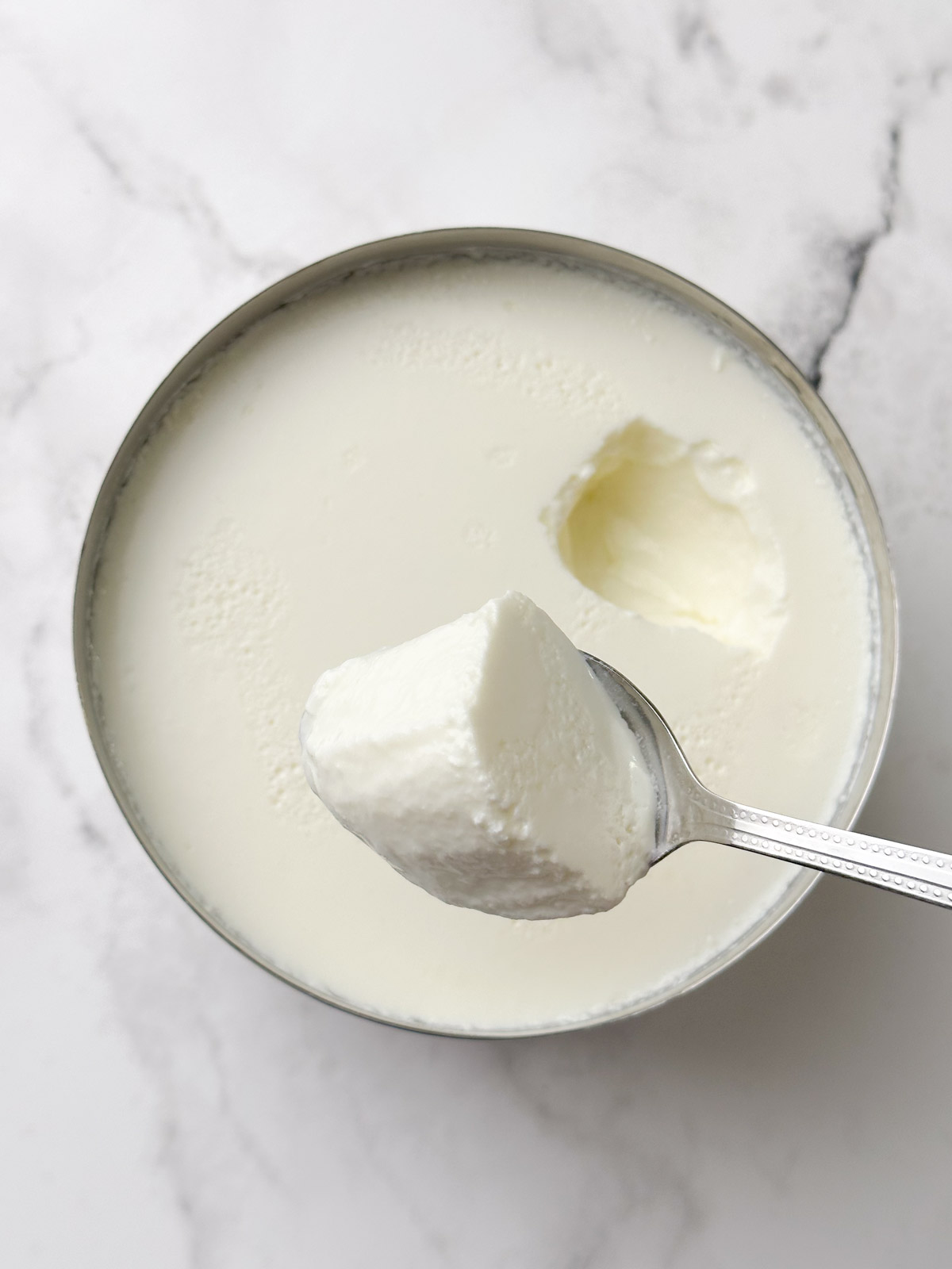 curd in a spoon with a container full of yogurt