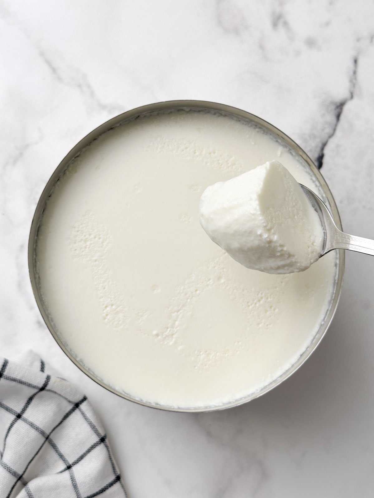 a bowl of fresh homemade curd (yogurt) with a spoon full of curd