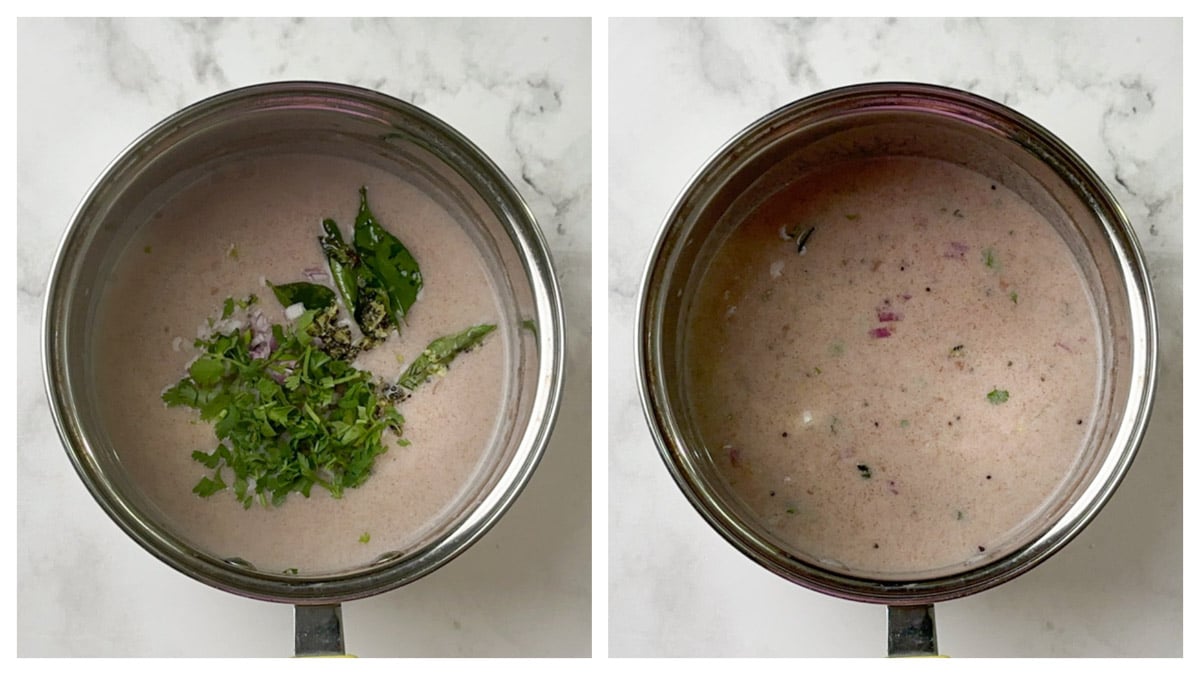 step to add tempering to ragi buttermilk mixture collage
