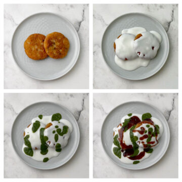 step to drizzle curd, chutneys on the tikkis collage