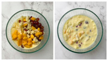 step to add fruits to chilled custard mixture collage
