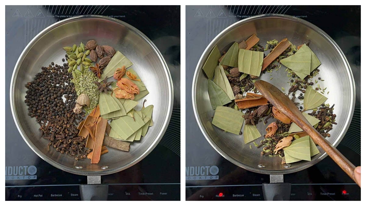 step to roast whole spices in a pan collage.