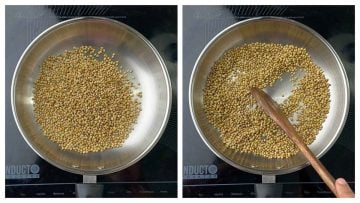 step to roast whole coriander seeds in a pan collage.