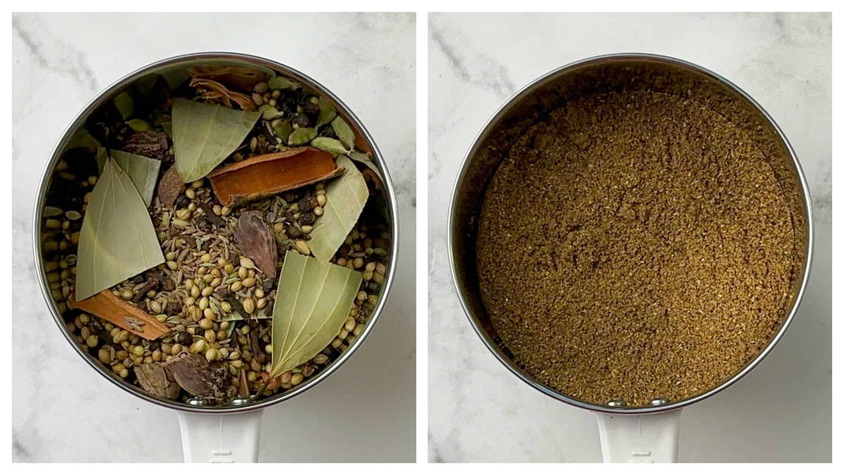 step to blend the garam masala ingredients collage.
