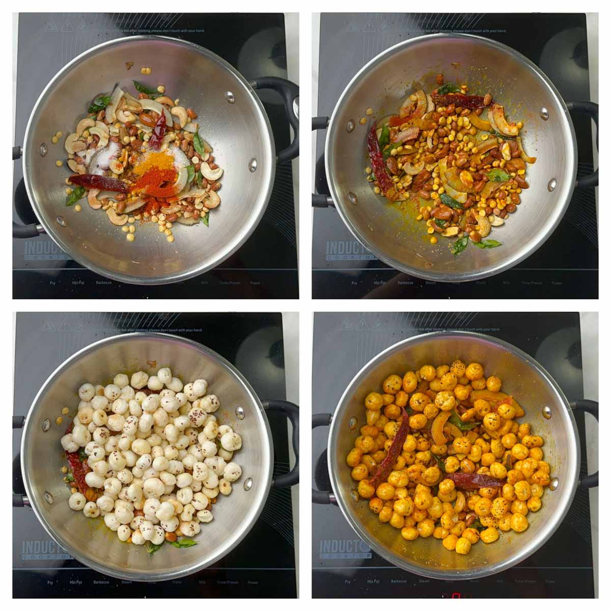 step to add spices and roasted makhana collage