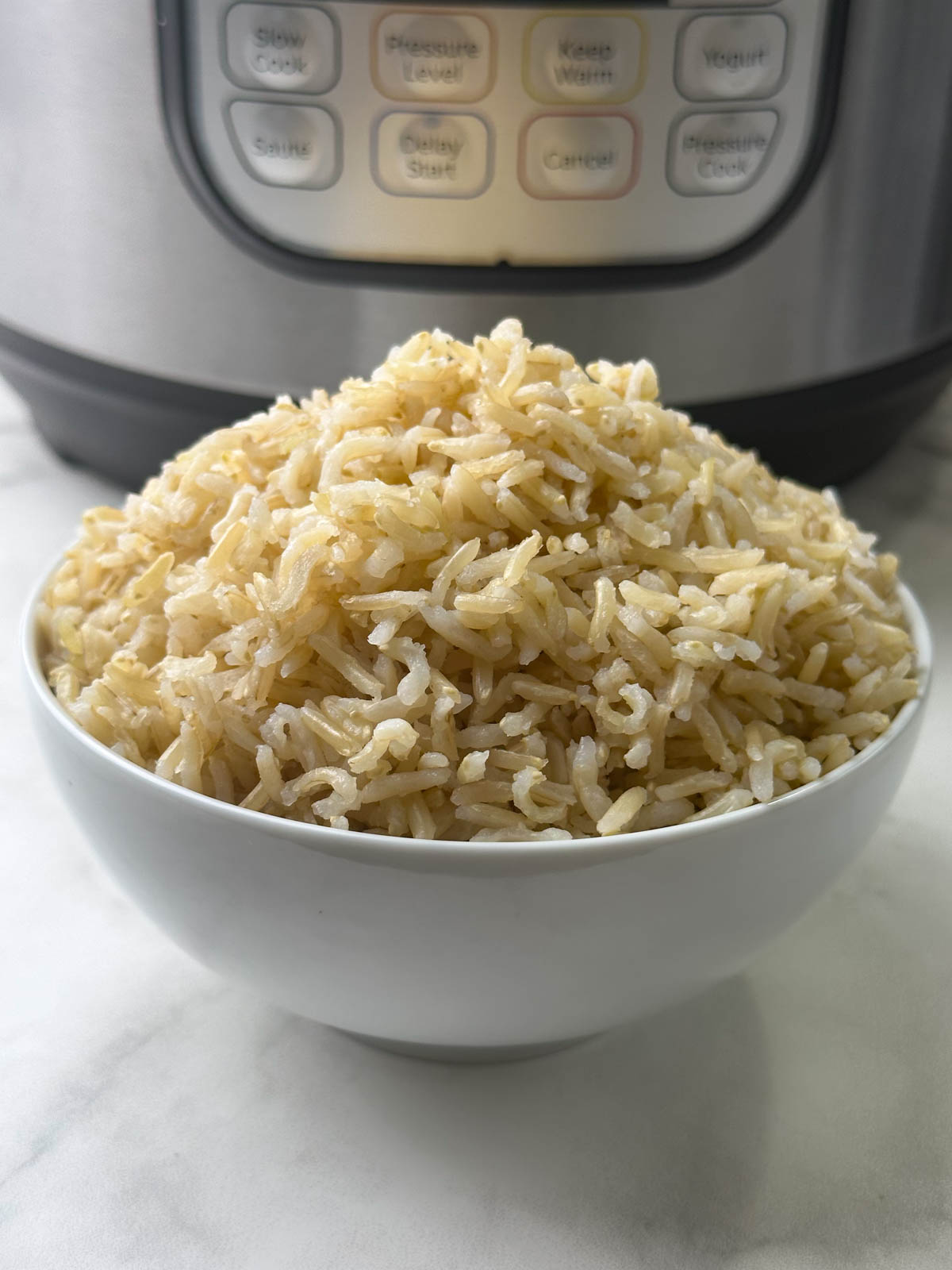 brown basmati rice in a bowl and instant pot behind