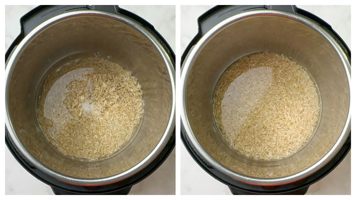 step to add rinsed rice and water to instant pot collage