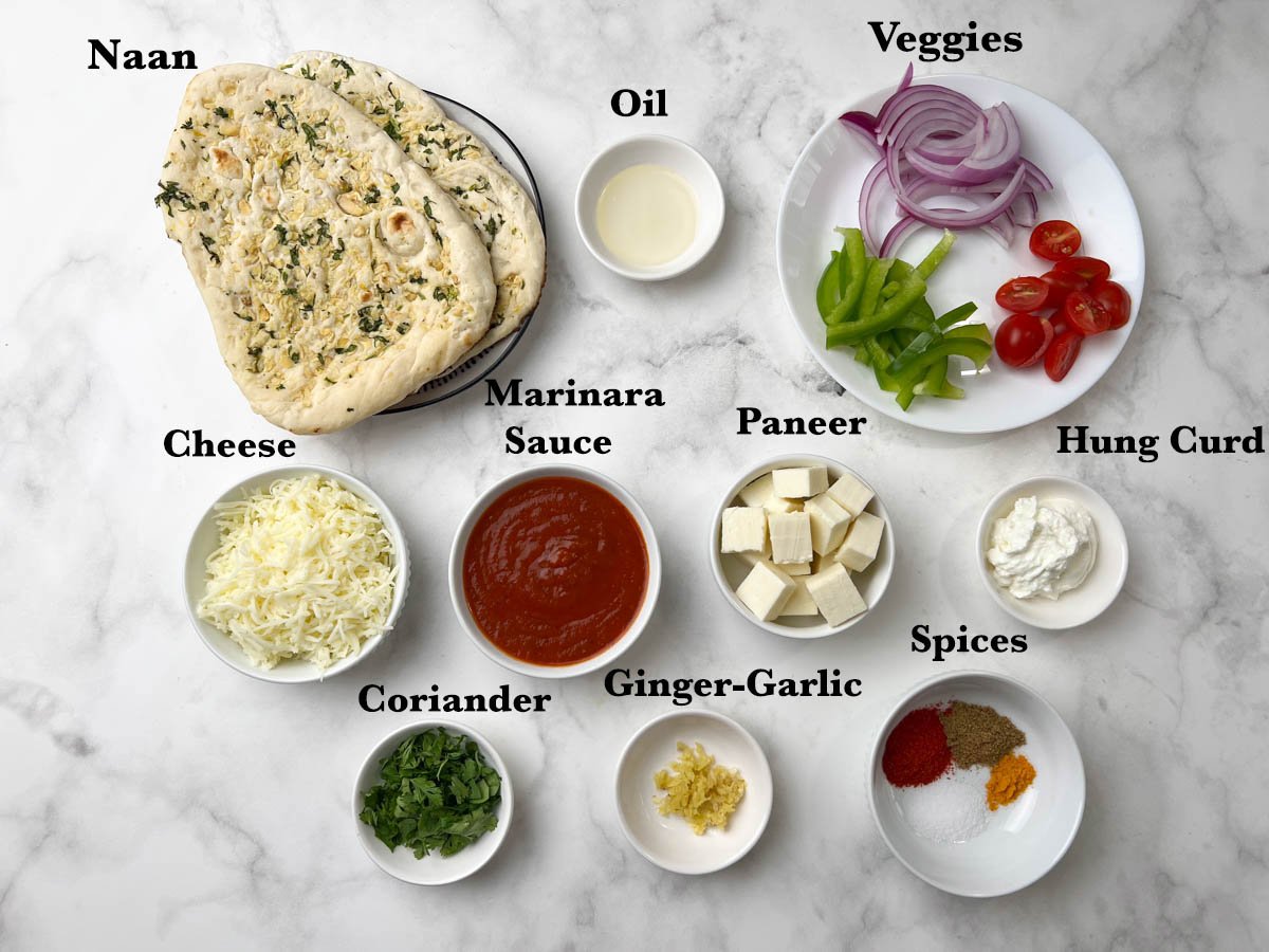 Ingredients for tandoori paneer naan pizza