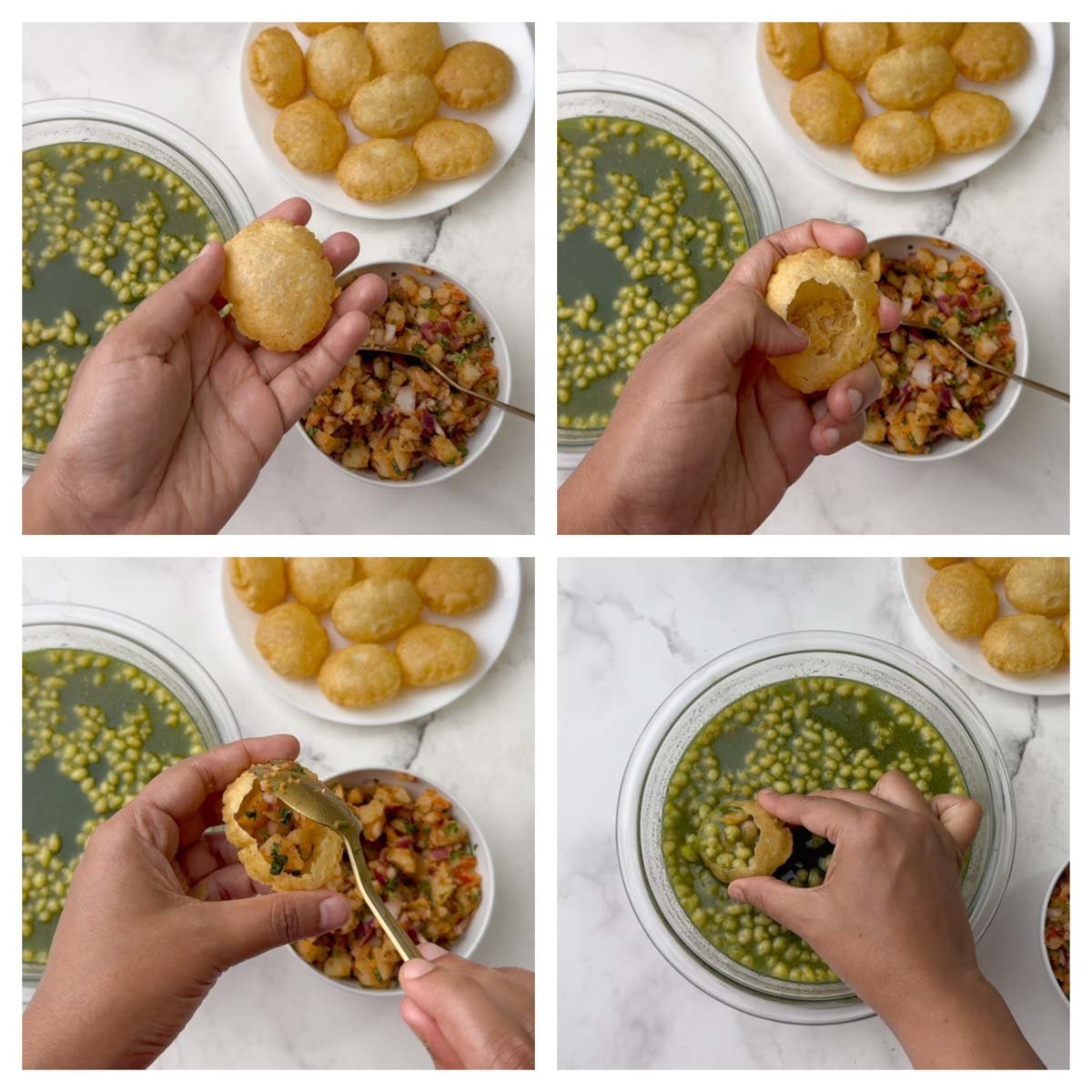step to fill the poori with pani and aloo mixture collage