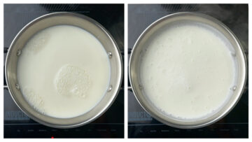 step to add milk and bring to a boil collage