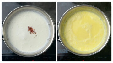 step to add saffron and boil the milk collage
