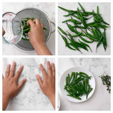 step for washing and drying indian green chili peppers collage