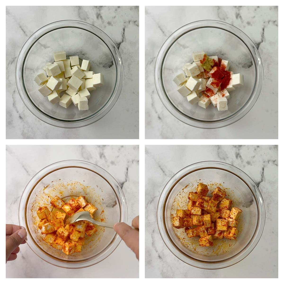 step to marinate paneer cubes collage