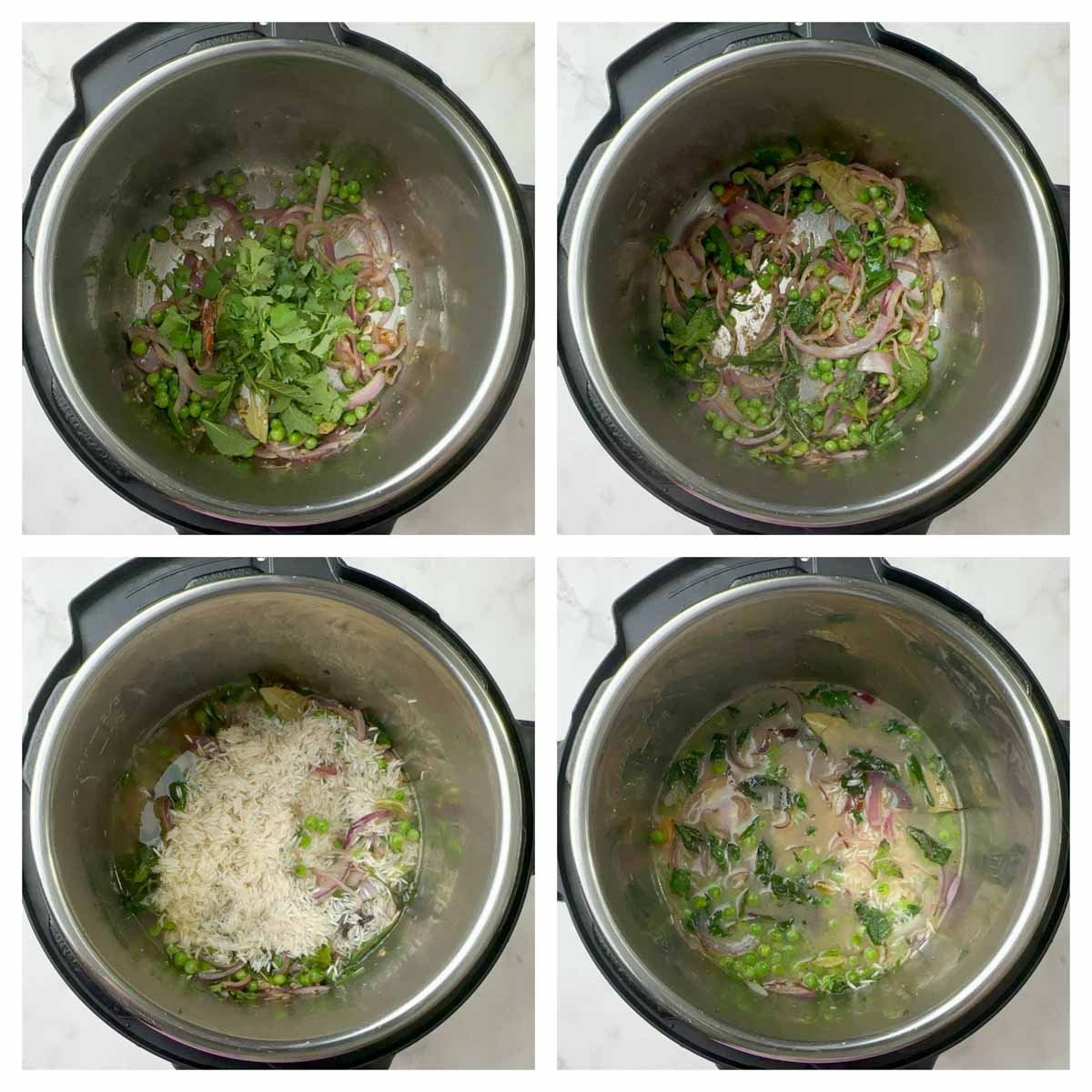 step to saute mint and rice for paneer matar pulao collage