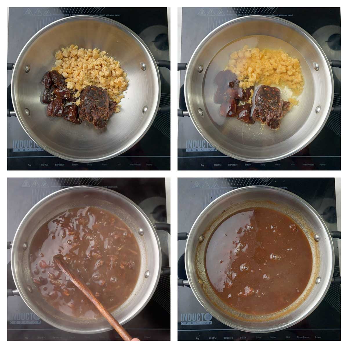 step to boil seedless tamarind, dates and jaggery collage