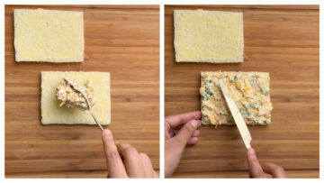 step to spread cream cheese sandwich on the bread collage