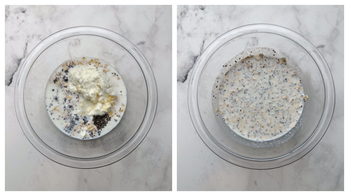 Step to soak oats, chia seeds, milk and yogurt collage