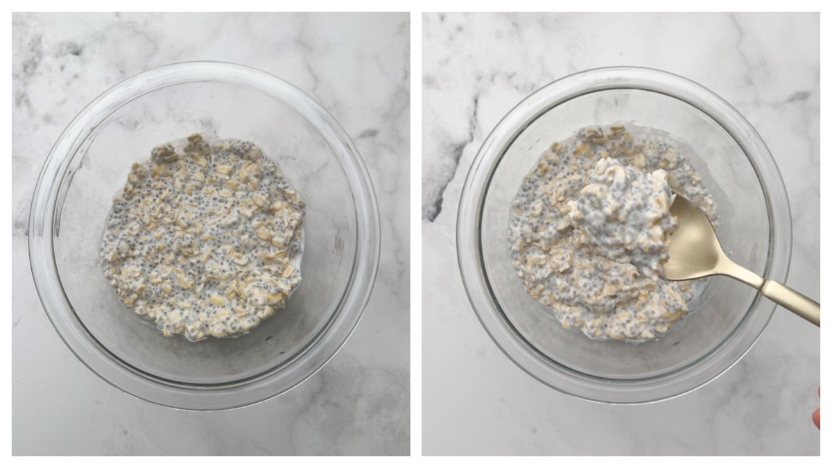 Step to soak overnight oats in a bowl collage