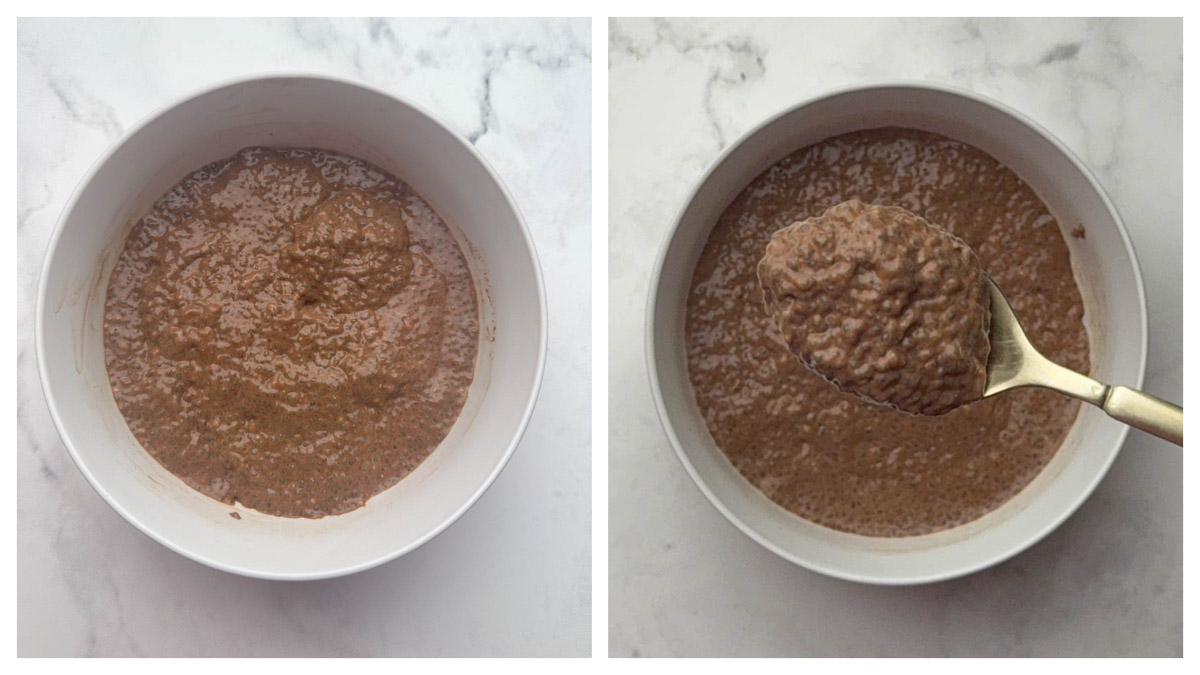 step to check the consistency of refrigerated chocolate chia pudding mixture collage