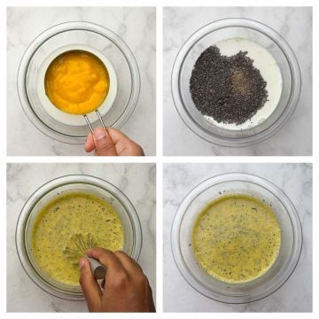 step to mix together mango puree, chia seeds, coconut milk in a bowl collage