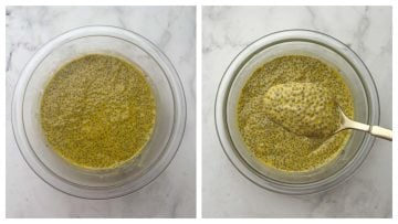 Mango chia pudding after overnight refrigeration shown in a spoon collage