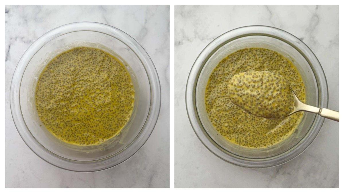 Mango chia pudding after overnight refrigeration shown in a spoon collage