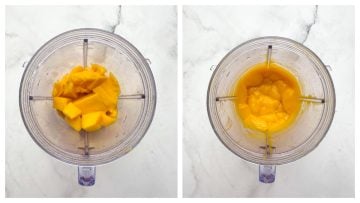 step to puree mangoes in a blender collage