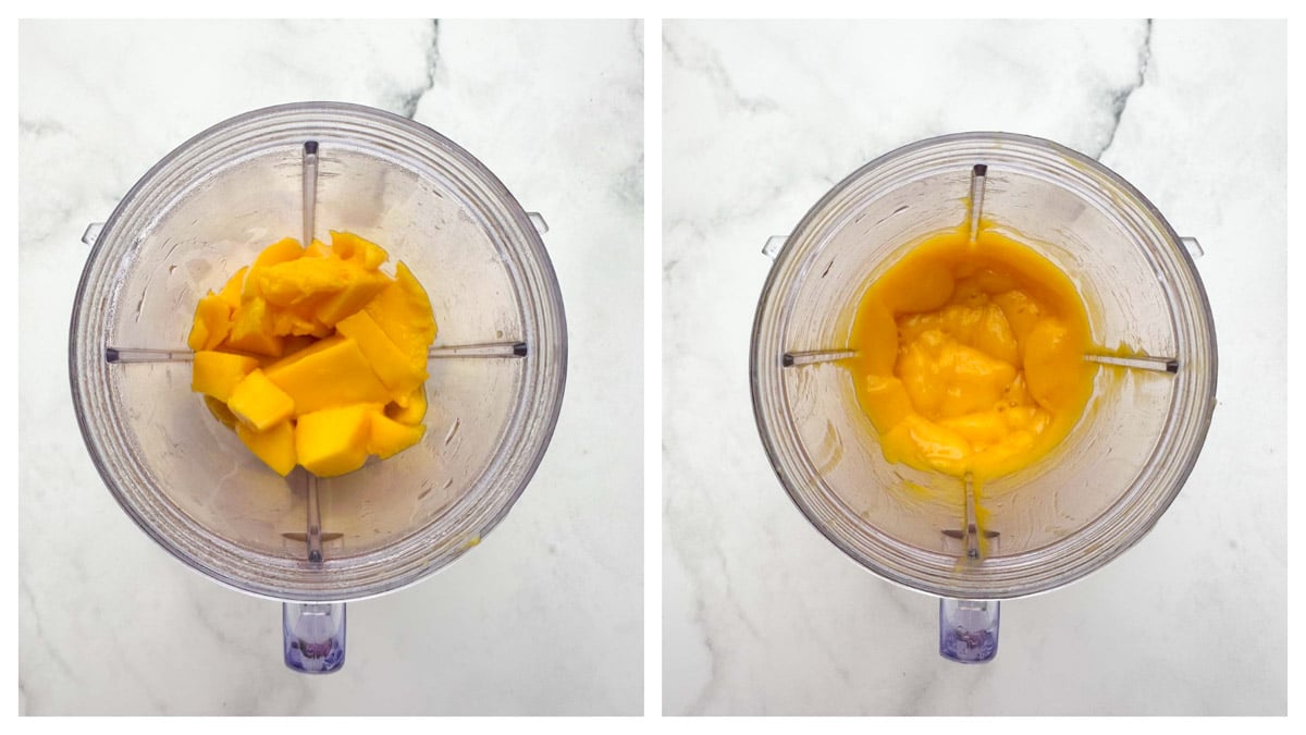 step to puree mangoes in a blender collage